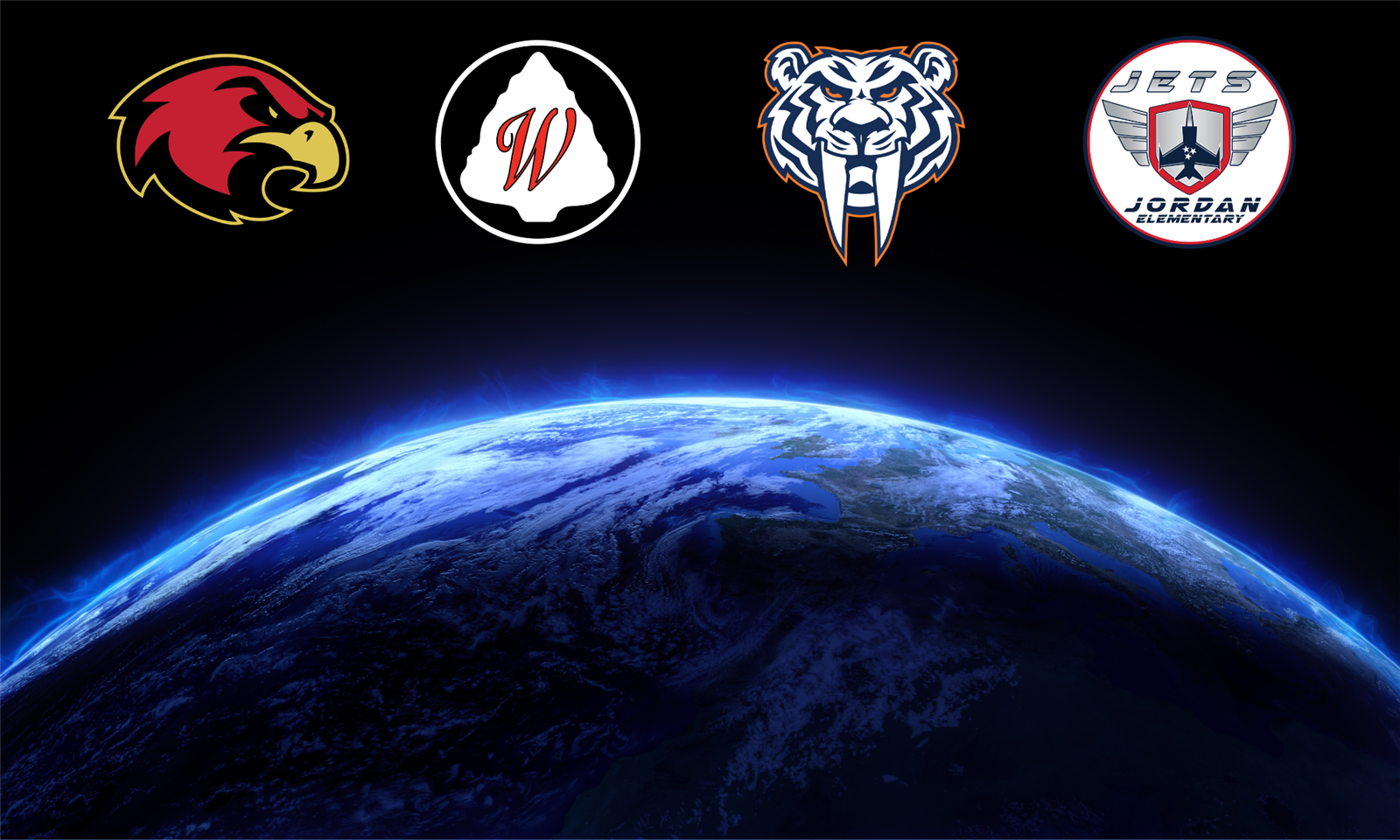 Earth with four school logos